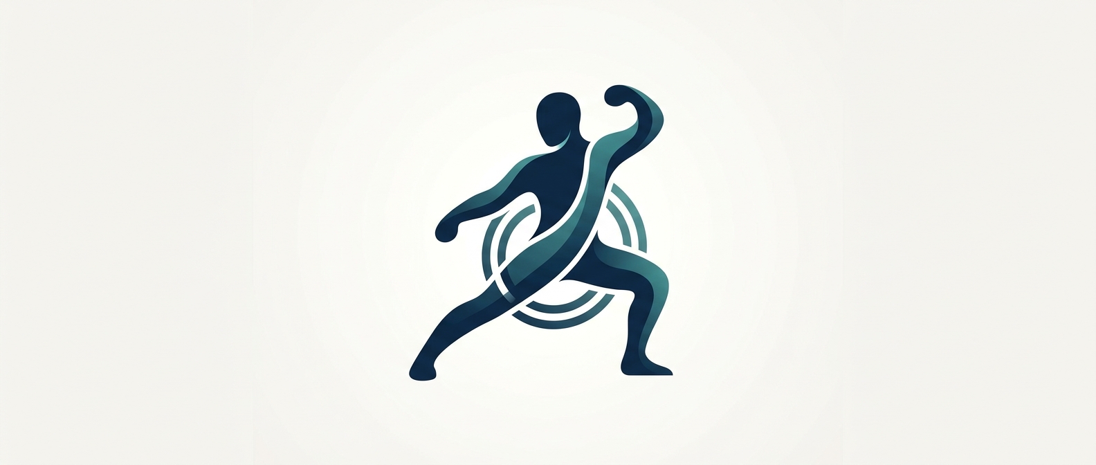 Illustration of a martial artist in a dynamic stance with a hip-joint motif